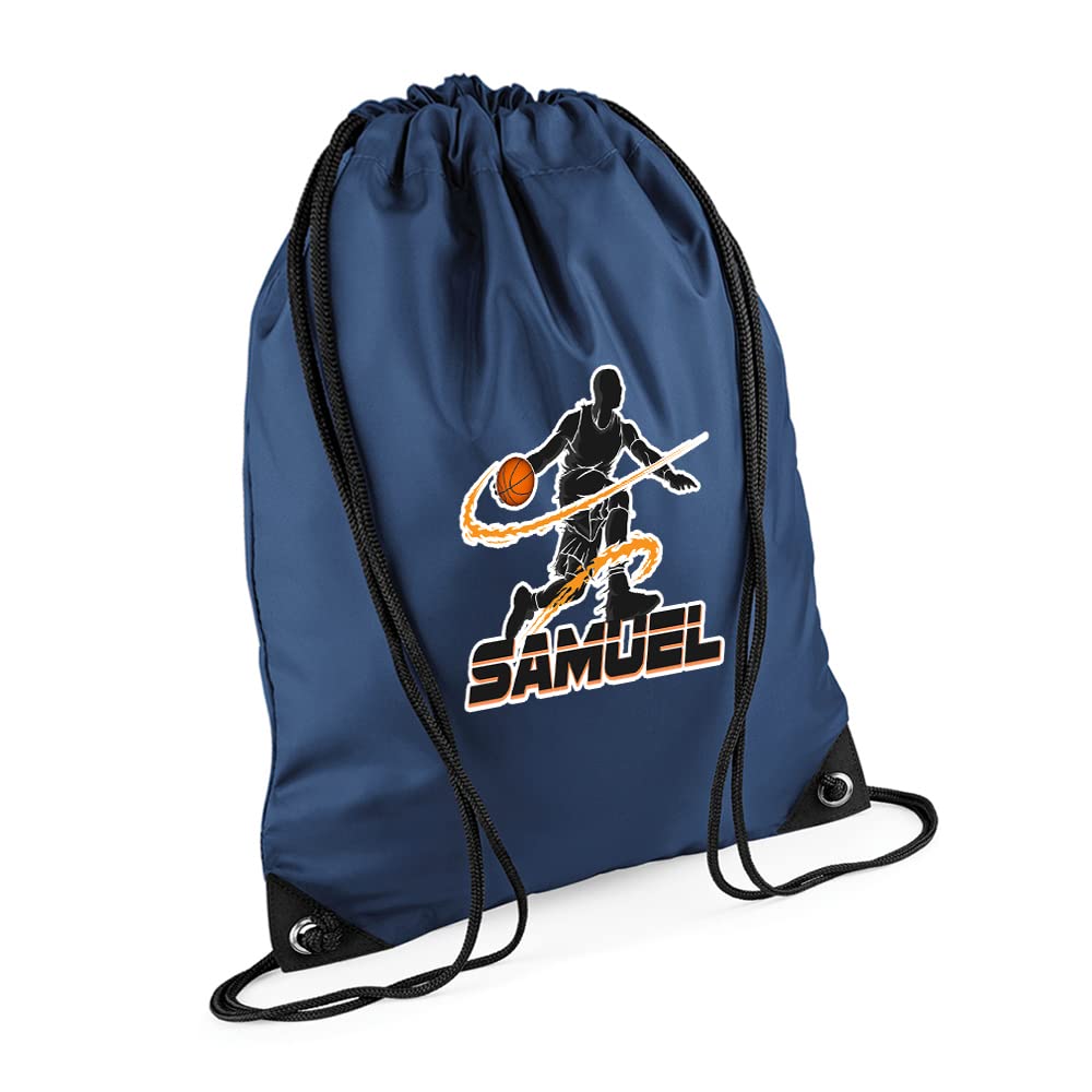 Personalised Basketball Player ANY NAME Sports Lover Gift for Men, Boy, Friend, Birthday present Drawstring Bag, PE Gym Kit Swimming, Sport Rucksack. (French Navy) — image 1