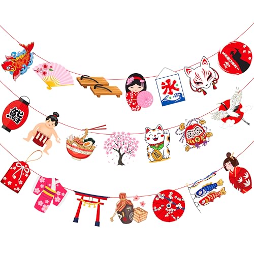 LUCKYQUBE Japanese Themed Party Banner Set 3 Strands Pre-strung Japan Style Bunting Garland with Sumo Double-sided Sakura & Kitsune Mask Asian Birthday Party Decorations for Japanese Birthday Sakura Festival