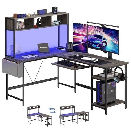 DUMOS 67' L Shaped Gaming Desk, Reversible Computer Desks with LED Lighting, Corner Desk for Compact Spaces with Keyboard Tray & Storage Shelf, Metal Frame PC Gaming Table for Home Office, Gray