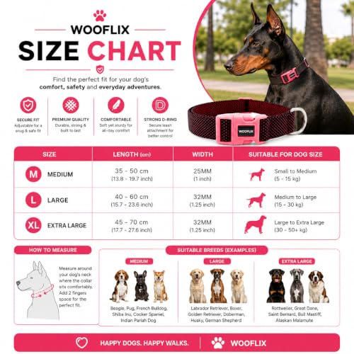 Image of Wooflix Premium Adjustable Dog Collar for Small, Medium & Large Breed Dogs | Heavy Duty Nylon Dog Neck Belt with Strong Buckle & D-Ring for Walking, Training & Daily Use (Pink, Extra Large)