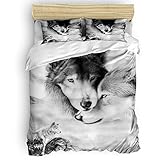 4 Pieces Duvet Cover Set King Size Bedding Set with Soft Comforter Cover/Flat Sheet/Pillowcovers - Couple Wolf Lean on Each Other Home Textiles Decor for Children/Kids/Teens/Adults