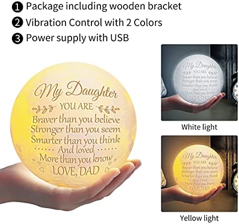 Engraved Moon Lamp Night Light Personalized 3D Printing Touch Control with Solid Wood Scaffold Light Daughter Presents, Christmas Birthday Wedding Gifts for Daughter (to Daughter - from Dad)