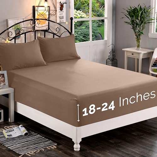 Elegant Comfort 1500 Premium Quality Fitted Sheet Ultra Soft 18-24 Inch Extra Deep Pocket - Single Fitted Sheet for High Mattress - Wrinkle Free with Smart Storage Pockets, Queen, Taupe