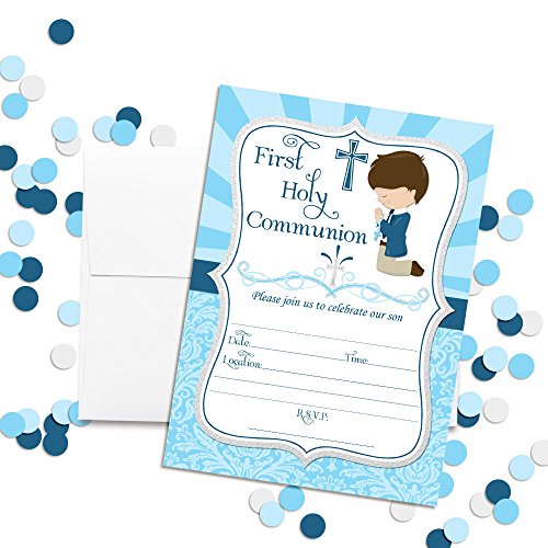 First Holy Communion Religious Party Invitations for Boys (Light Skin, Brown Hair), 20 5\"x7\" Fill In Cards with Twenty White Envelopes by AmandaCreation - Thumbnail 2