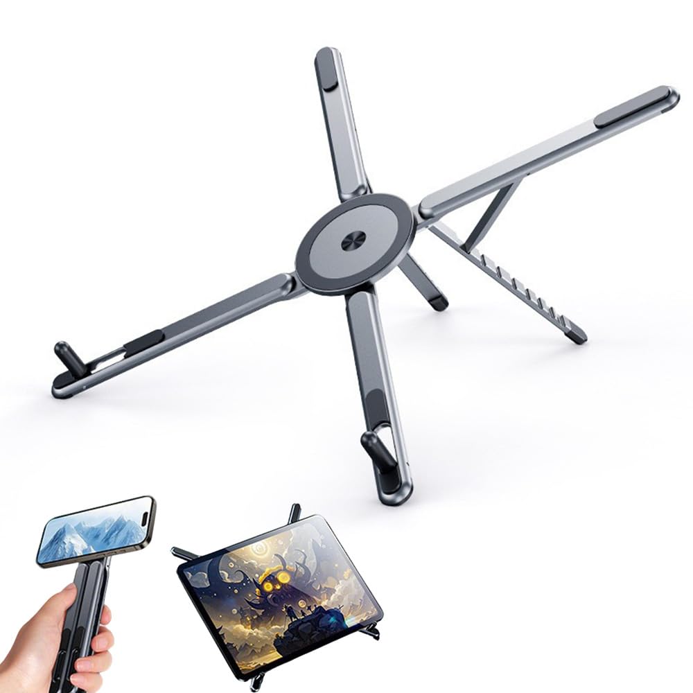FYKTIK 3 in 1 Portable Laptop Stand, Foldable Aluminium Laptop and Tablet Stand, Adjustable Magnetic Phone Holder for Laptop, iPad, Tablet and Smartphone Use (Grey)