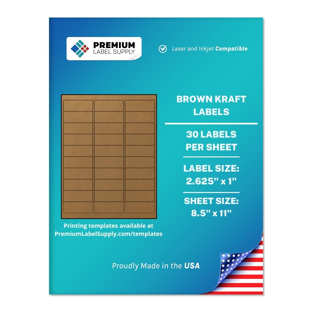 Premium Label Supply Brown Kraft Sticker Labels – 2.625" x 1" – Laser/Inkjet Compatible – (30 per Sheet), 25 Sheets – 750 Total Adhesive Labels