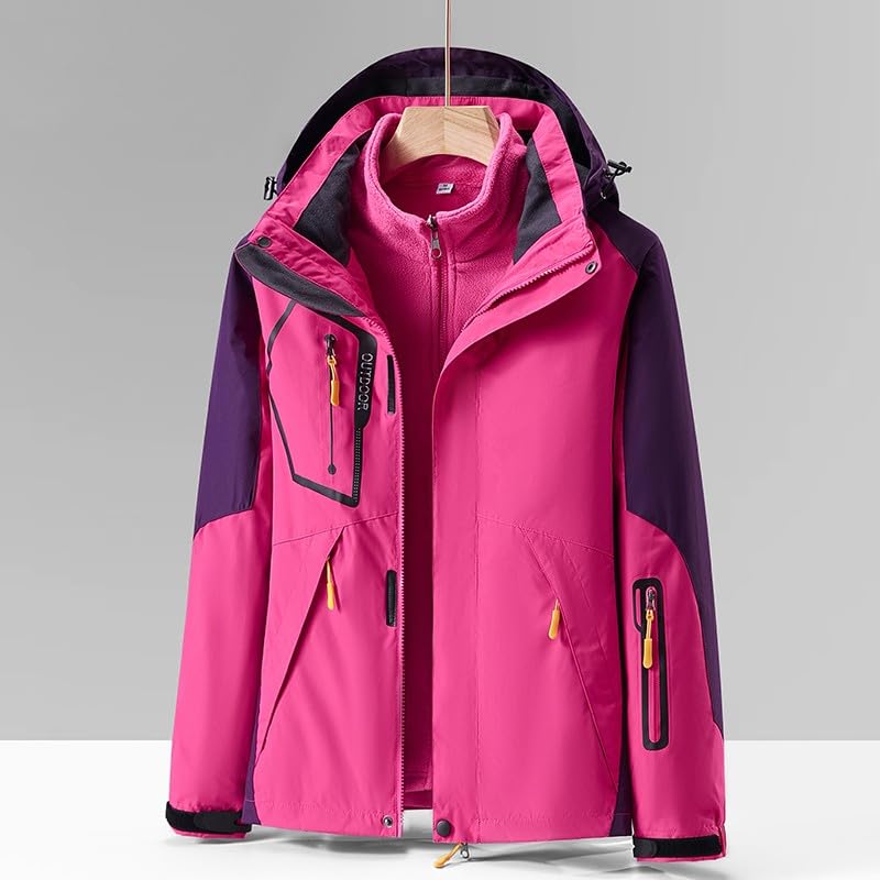 3 In 1 Regenjacke Mit Herausnehmbarer Fleecejacke Damen, Kapuzenmantel Damen Outdoorjacke Patchwork Windbreaker Skijacke Sport Jacke Herbst Wintermantel Abnehmbarer Windbreaker Leicht Steppmantel