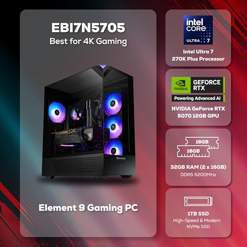 Image of iBUYPOWER Element Gaming PC Desktop Computer Intel Core Ultra 7 270K Plus CPU, NVIDIA GeForce RTX 5070 12GB GPU, 32GB DDR5 5200MHz RAM,1TB NVMe SSD, Windows 11 Home, Gamer Keyboard and Mouse-EBI7N5705