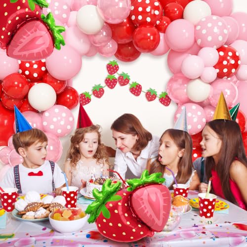 Image of Ouddy Life 171pcs Strawberry Balloons Garland Arch Kit Berry Party Supplies | Red Pink Polka Dot White Strawberry Foil Balloon for Sweet One Girl Baby Shower Berry First Fruit Themed Birthday Supplies