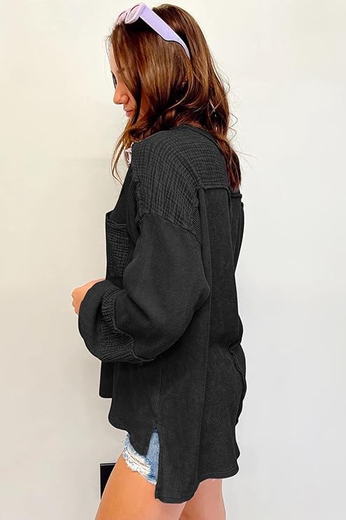Image of Waffle Knit Long Sleeve Oversized Sweatshirt for Women Exposed Seam Patchwork Side Slit Pullover Sweaters for Women Fall Tops