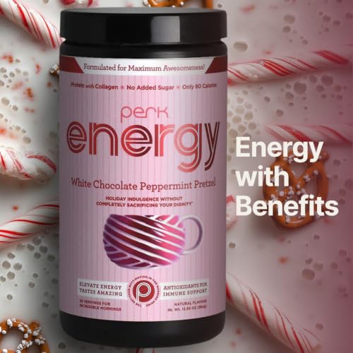Image of Perk Energy Drink Mix (White Chocolate Peppermint Pretzel) 20 Servings | Caffeinated Healthy Coffee Alternative with Protein, 100mg of Caffeine, Gluten-Free, Soy-Free, Peanut-Free
