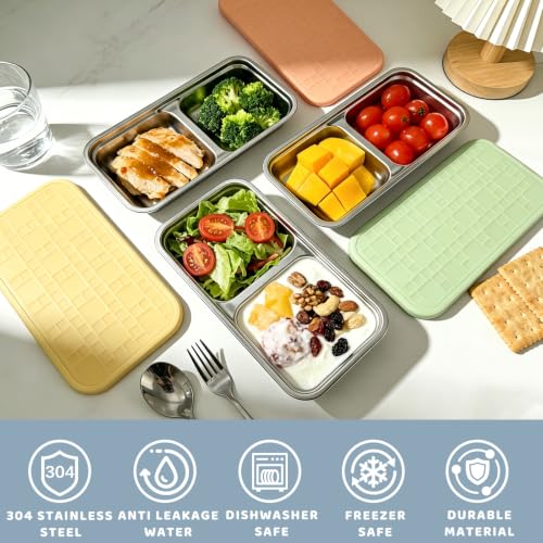 Image of 15 oz Snack Containers for Kids, Stainless Steel Lunch Box 3 Pack | Reusable Food Containers with Silicone leak resistant Lids. Perfect for School Lunch, Daycare, Travel and Portion Control