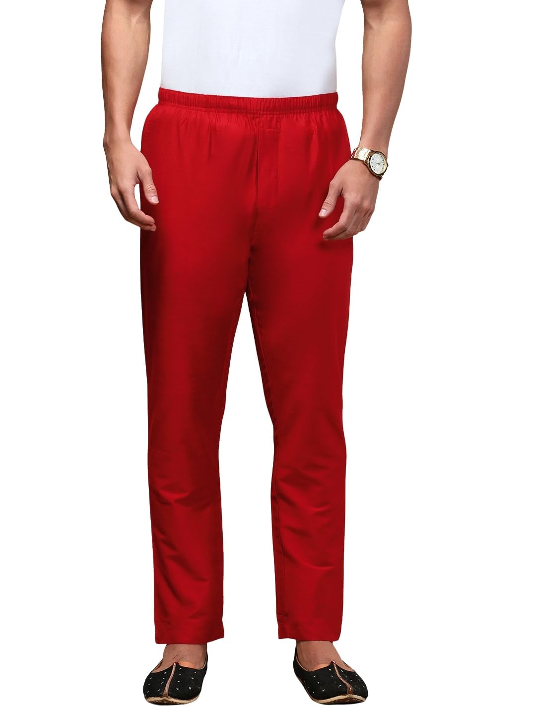 Mens Viscose Blend Salwar Pyjama Pant | Elasticated Waistband with Inner Drawstring, Button Closure, Side Pockets| Regular Fit Ethnic Wear Churidar pajama (Red; S)-image-21