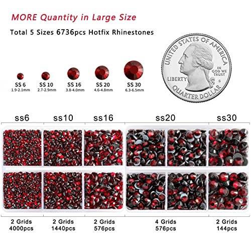 Image of 6736pcs Hotfix Rhinestones Flatback,Dark Red Rhinestones for Crafts Clothes Mixed 5 Sizes, Hotfix Crystals with Tweezers and Wax Pencil Kit, SS6-SS30,Dark Siam