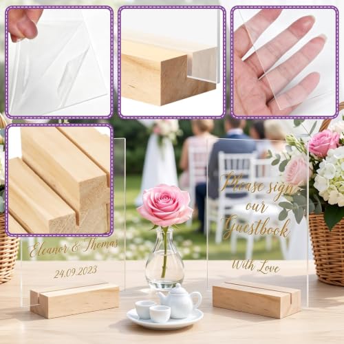 Image of Bercoor 5 Pack 4x6 Inch Blank Clear Acrylic Sign with Wooden Stands, Rectangle Top Acrylic Sheet, DIY Acrylic Rectangle Table Numbers for DIY Name Card Gifts Event Party Sign Decoration