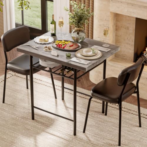 Image of VINGLI Dining Table Set for 2, Small Kitchen Table Set with Upholstered Chairs, 3-Piece Dining Set with Storage Rack, Wood Dining Room Set with Metal Legs for Small Spaces, Living Room, Grey