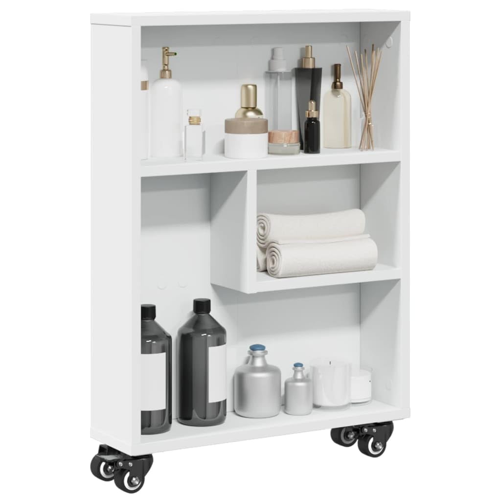 Carro de almacenamiento estrecho blanco, 48 x 13 x 68 cm, de material de madera, con ruedas con frenos, carrito auxiliar versátil para cocina, baño, oficina