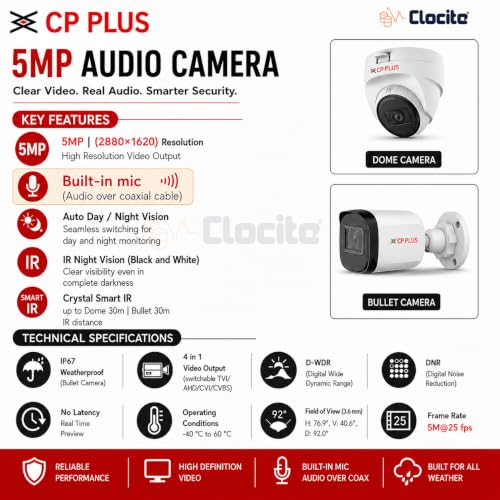 Image of CP Plus 5MP 4 Channel DVR, 5MP 1 Dome & 1 Bullet Cameras (Audio Recording) [Night Vision + Built-in MIC Audio + Crystal IR LEDs + Motion Detection] + 500GB HDD + 4 CH SMPS + CCTV Cable + BNC /DC