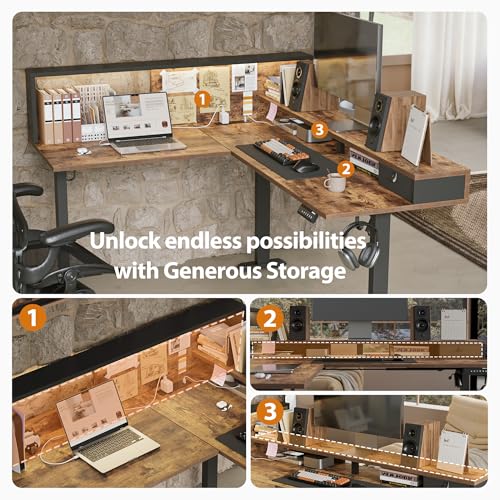 Image of Agilestic L-Shaped Electric Standing Desk, 63x55 Inch Ergonomic Adjustable Height Desk with Storage, Stand Up Corner Desk Sit Stand Computer Table Power Outlet & LED Lights, Office Table, Rustic Brown