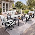 NATURAL EXPRESSIONS 4 Pieces Patio Furniture Sets, Modern Metal Outdoor Conversation Sets with High Back Rocking Swivel Chairs,38’’ Metal Table, 5.5" Thick Cushions