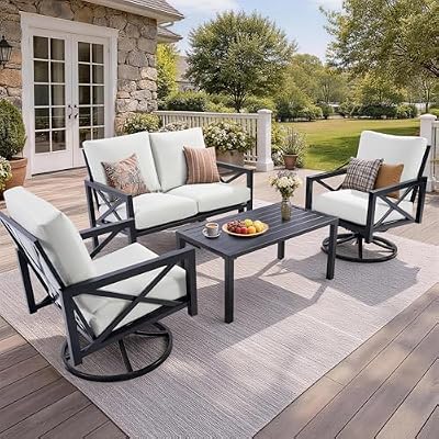 NATURAL EXPRESSIONS 4 Pieces Patio Furniture Sets, Modern Metal Outdoor Conversation Sets with High Back Rocking Swivel Chairs,38’’ Metal Table, 5.5" Thick Cushions