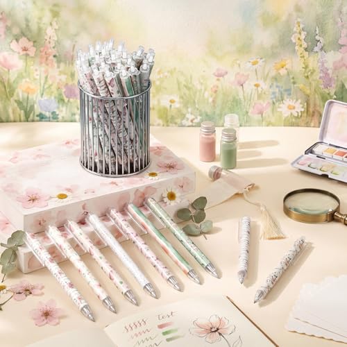 Image of Jetec 108 Pcs Back to School Floral Ballpoint Pens Cute Aesthetic Ballpoint Pens Retractable Office Supplies Gift for Teacher Journal Planning Notepad Desk Decor for Women Girls Staff Coworker
