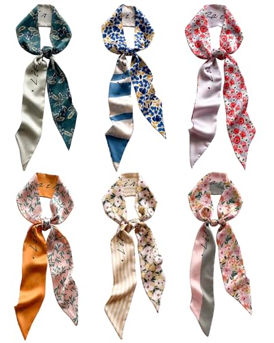 TEBIEKOY 6Pcs Hair Scarf for Women, Satin Purse Scarf Multifunctional Stylish Thin Bag Scarves Fashion Skinny Scarves Headband for Women Hair Accessories