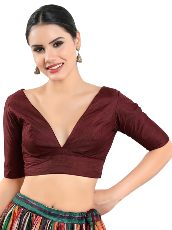 Image of Dupion Silk Solid Non Padded Saree Blouse Top V-Neck Short Sleeves Hook and Eye Closure and Tie-Up Back Choli