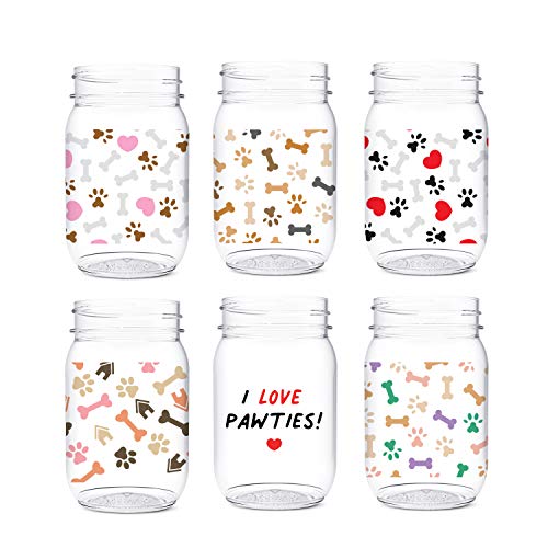 TOSSWARE POP 16oz Mason Pups on Cups Series SET OF 6 Recyclable Unbreakable Crystal Clear Plastic Printed Mason Jars