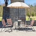 EMMA + OLIVER 6 Piece Brown Patio Garden Set with Umbrella Table and Set of 4 Folding Chairs
