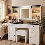 Hoyiestp Vanity with Sliding Barn Mirror, Glass Top Makeup Desk with Outlet & Charging Station, 3-Color Lights, 7 Drawers & Shelves for Bedroom, Modern Adjustable Storage Dresser Table