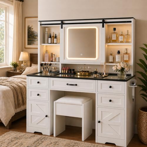 Vanity with Sliding Barn Mirror Glass Top & 7 Drawers