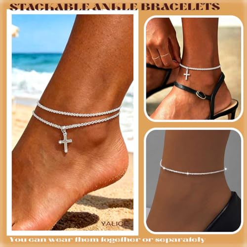 Image of Yalice 925 Sterling Silver Ankle Bracelets for Women Dainty 14K Gold Plated Anklets Set Shiny Waterproof Ankle Chain Cross Beach Foot Jewelry Gifts