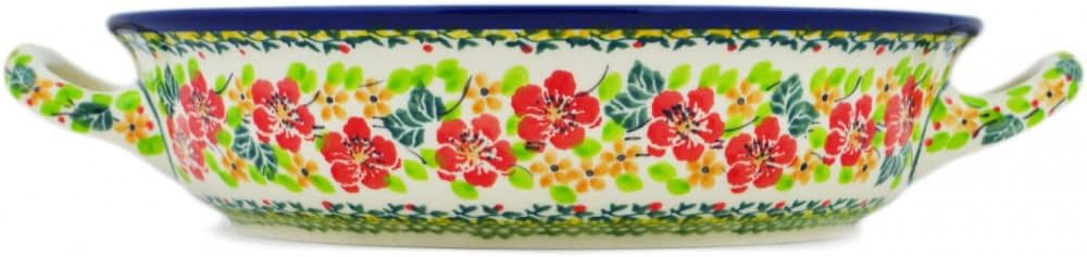 Polmedia Polish Pottery Round Baker with Handles UNIKAT - Red Flora On Green Daisy Pattern Handmade in Boleslawiec Poland by Ceramika Artystyczna + Certificate of Authenticity