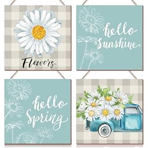 4 Pcs Hello Spring Wall Decor Hello Sunshine Door Decorations Spring Blue Daisy Wood Sign for Party Supplies Home Window Wall Farmhouse Office Indoor Outdoor Decor