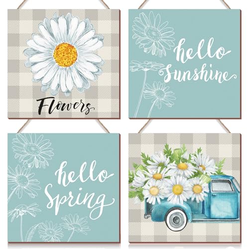 4 Pcs Hello Spring Wall Decor Hello Sunshine Door Decorations Spring Blue Daisy Wood Sign for Party Supplies Home Window Wall Farmhouse Office Indoor Outdoor Decor
