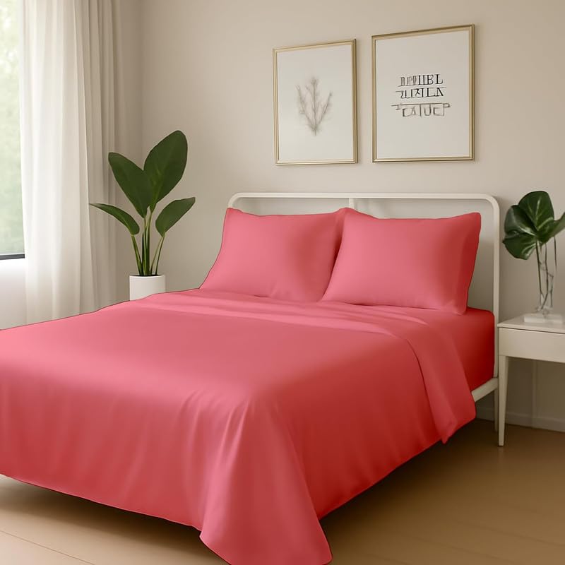 Image of Day Care-Luxury Satin Flat Double Bed (90x100 Inchs) Bedsheet|Ultra Soft Silky Smooth Touch|Breathable, Lightweight & Skin Friendly|Wrinkle Resistant|Coral Pink