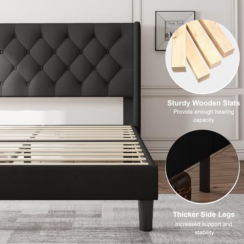 Image of Feonase Full Size Bed Frame with Upholstered Wingback Headboard,Button Tufted Platform Bed and Heavy Duty Wooden Slats Support,Easy Assembly, Noise-Free,No Box Spring Needed, Black