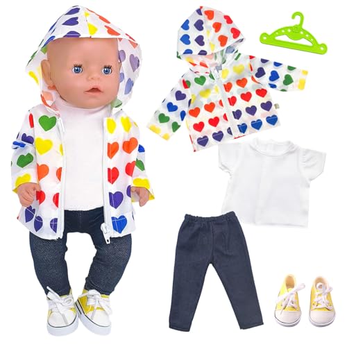 Ropa para muñecas de 35 a 45 cm, 5 piezas de ropa para muñecas de bebé con chaqueta de corazón, camiseta, pantalones largos, zapatos de lino amarillo y perchas, ropa y accesorios para muñecas de bebé