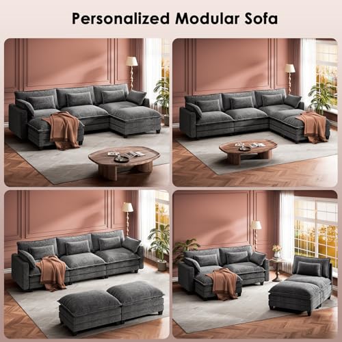 Image of Marsail Modular Sectional Sofa 110.6 inch U-Shaped Modern Comfy Cloud Couch, 5-Seat Chenille Deep Seat Sofa with Throw Pillow & Movable Ottoman for Living Room, Bedroom and Apartment, Slate Gray