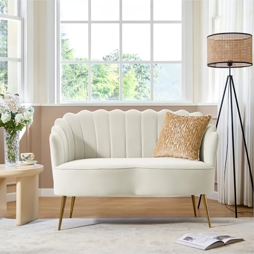 Image of HULALA HOME Velvet Loveseat Sofa with Gold Legs, Modern 2-Seater Sofa for Living Room Bedroom, Comfy Upholstered Small Love Seat Couch, Flower Shaped Back, Ivory