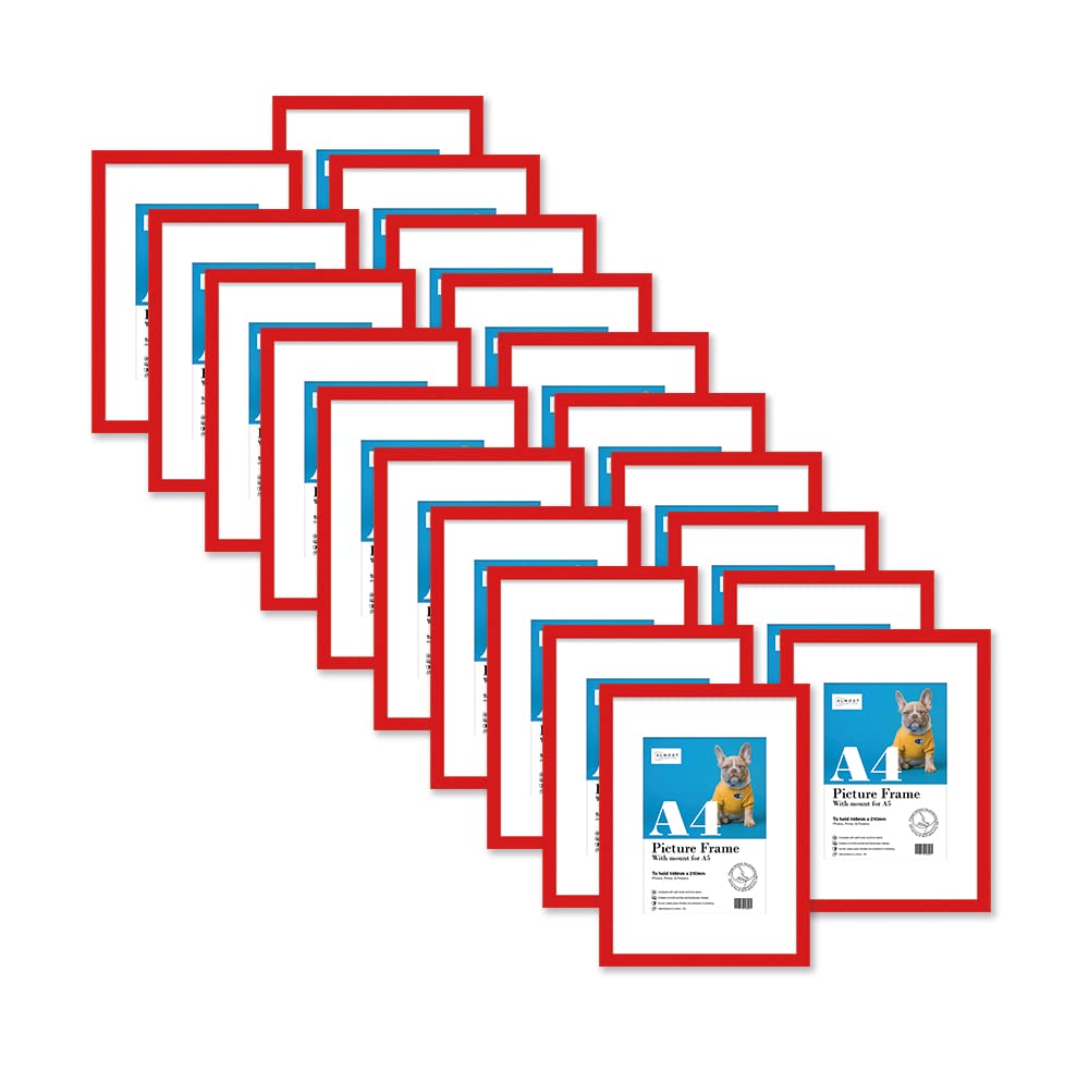 Almost Frameless A4 Red Picture Frame Set of 20, Display A5 Pictures with Mount or A5 Without Mount Gallery Wall, Poster, Photo, Artwork, or Print, Red