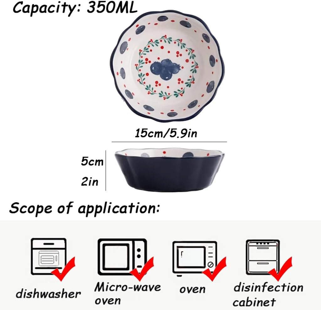 Bowls For Soup,350ml Ceramic Breakfast Bowl with Fruit Pattern Salad for Soups, Pasta, Oats
