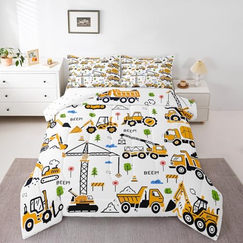 Image of Feelyou Construction Truck Bedding Set Kids Boys Cartoon Excavator Vehicle Tractor Cars Comforter Set Twin Size Machinery Equipment Duvet Insert Yellow Decor
