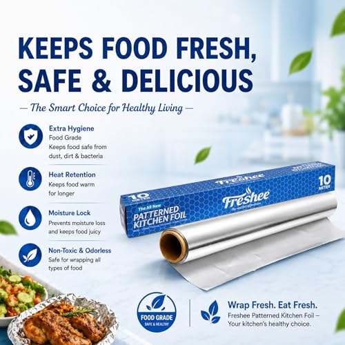 Image of Freshee Aluminium Foil Roll 11 Micron Thick Disposable Silver Foil for Food Wrapping Packaging and Roasting
