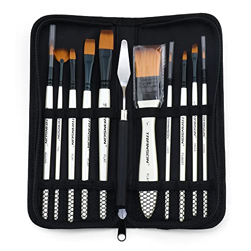 Transon Paint Brush Kit 10Pcs Art Brushes And 1 Paint Spatula With Brush Case #TOP29