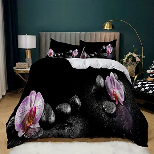 MAQUE Funda Nordica Cama 90 - falaenopsis Negra Suave Microfibra Juego Funda Nordica 90 - Funda Nordica 135x200 cm con Cremallera y 2 Fundas de Almohada 50x80 cm