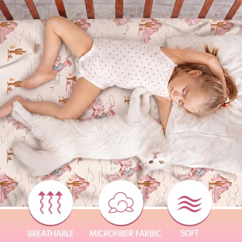 Image of 4 Pcs Pink Western Cowgirl Crib Sheet Set Newborn Bedding Nursery Baby Sheets for Girl Boys Baby Gifts for Standard Crib and Toddler Mattresses, 52 x 28 x 8 Inches