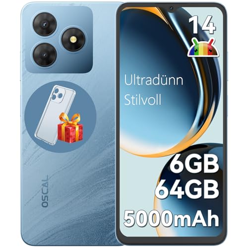 OSCAL Flat 2C Handy Ohne Vertrag Android 14, 6GB+64GB/2TB TF, Octa-Core 6,56' HD+, 5000mAh Akku, 13MP+8MP Kamera, 4G Dual SIM Smartphone Ohne Vertrag Günstig Simlockfreie Handys, GPS/2 Jahre Garantie