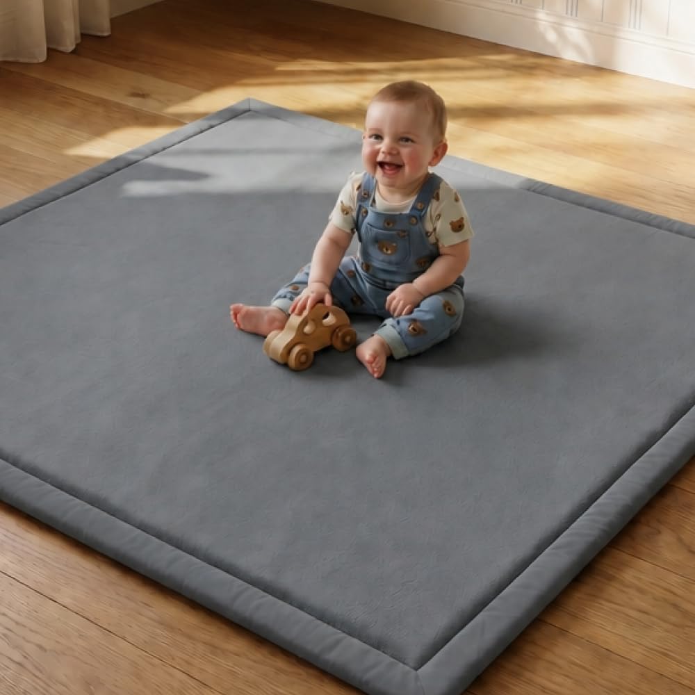 CASABEL Baby-Spielmatte aus Samt, dick und weich, 150x180cm, Grau | 2,5 cm dick, komfortabler Schaum, rutschfeste Unterseite, leicht zu reinigen, ideal zum Spielen und Krabbeln, Babyzimmer